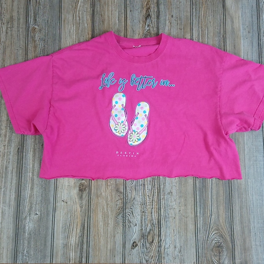 Destin Florida Flip Flop Pink Short Sleeve Cut Off Crop Top